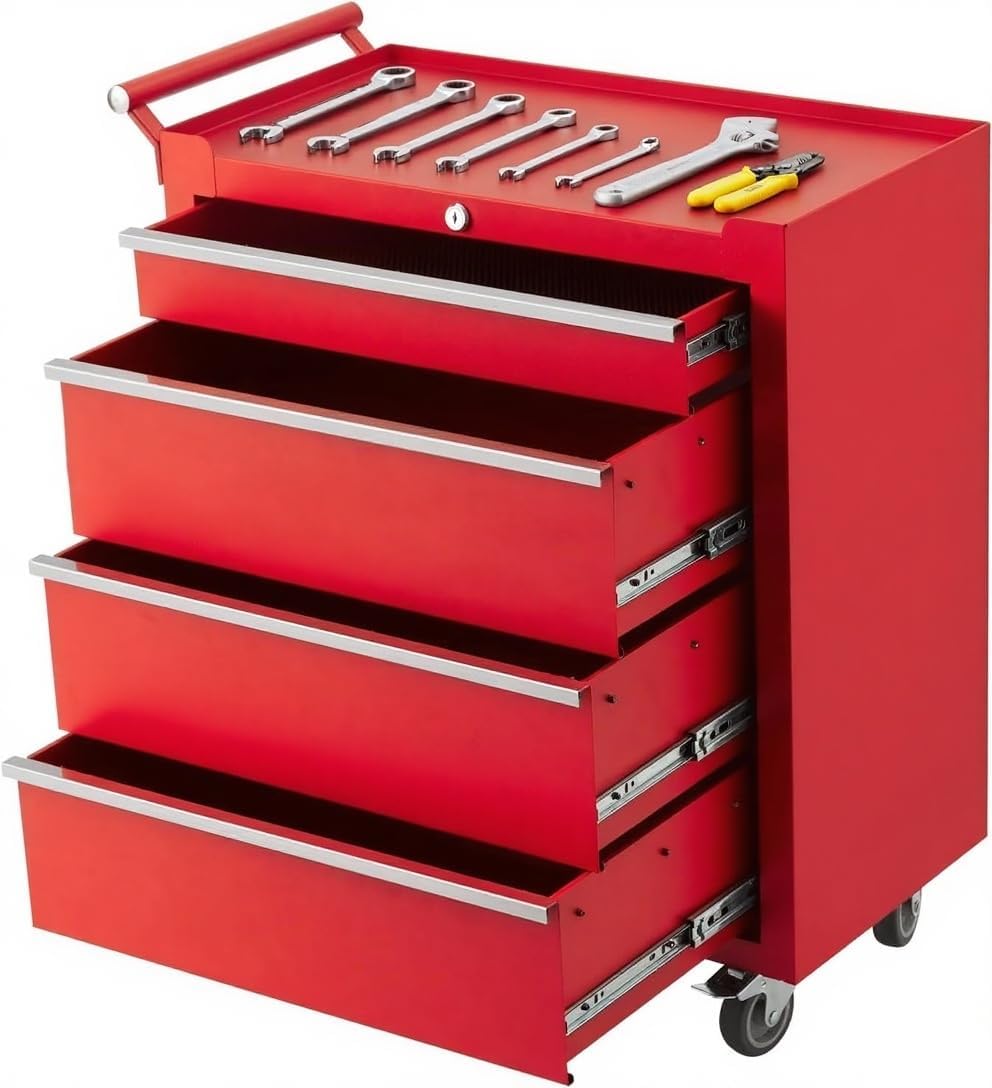 Heavy-Duty Rolling Tool Chest with 4 Lockable Drawers, Featuring a Sturdy Metal Cabinet and Smooth-Wheeling Mobility, Includes Protective Drawer Liners for Secure Storage