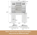 Vanity Desk with Mirror and Light, 47.2''W White Makeup Vanity with Glass Top and 13 Drawers, Fold-up Panel, Modern Vanity Table Set with Stool for Women Girls
