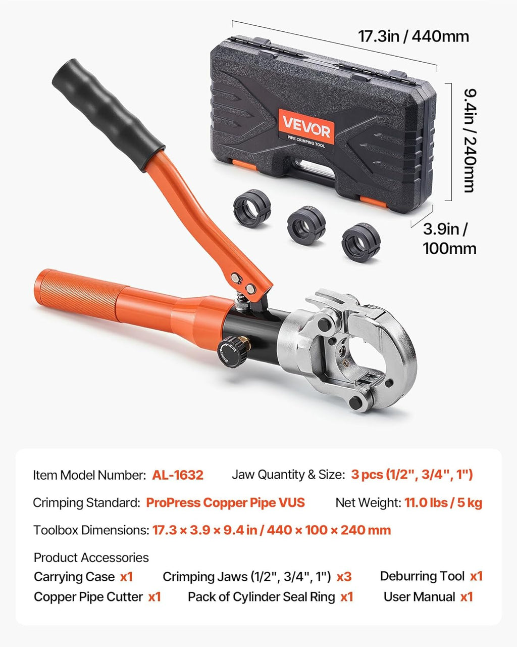 VEVOR Copper Pipe Crimping Tool, Hydraulic Driven Pro Press Tool with 1/2", 3/4", 1" Jaws, Copper Tube Fittings Crimper for Narrow Spaces, Straight & Bend Fittings - with Carrying Case