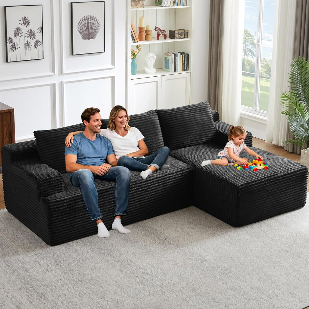 96" Cloud Sectional Sofa, Boneless Couch for Living Room, Modular Sectional Sofa with Deep Seat, Fluffy Comfy Corduroy Couch with L-Shaped Chaise, No Assembly Required (Black, Right Facing)