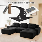 117" Modern Compressed Boneless Couch with Ottoman, 3 Seater Large U Shaped Sectional Couches for Living Room, Black Corduroy Cloud Modular Sectional Sofa, Memory Foam, Extra Deep, No Assembly