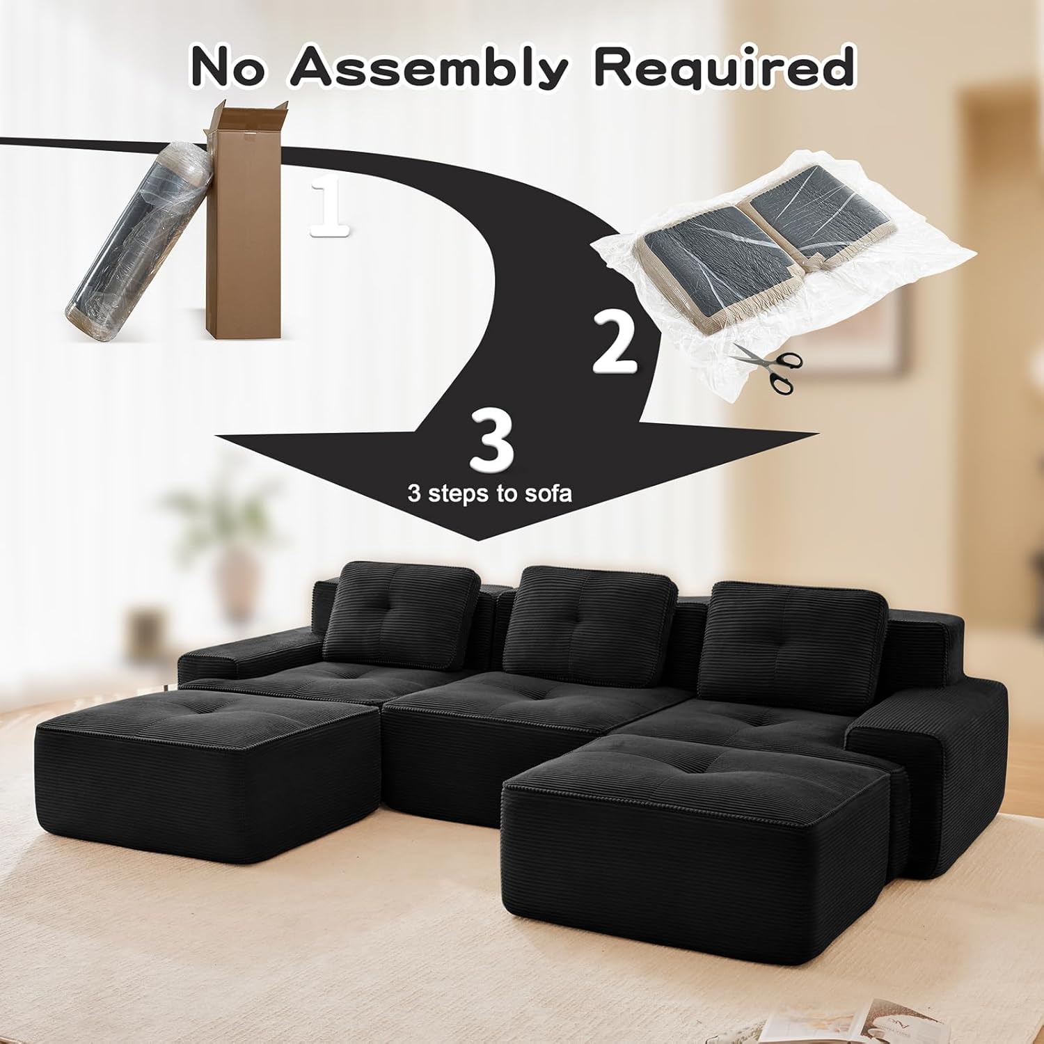 117" Modern Compressed Boneless Couch with Ottoman, 3 Seater Large U Shaped Sectional Couches for Living Room, Black Corduroy Cloud Modular Sectional Sofa, Memory Foam, Extra Deep, No Assembly