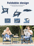 KINGYES Adirondack Rocking Chair with Retractable Ottoman and Cup Holders, HDPE Adirondack Rocker Patio Rocking Chair for Porch, Patio, Balcony, Deep Blue
