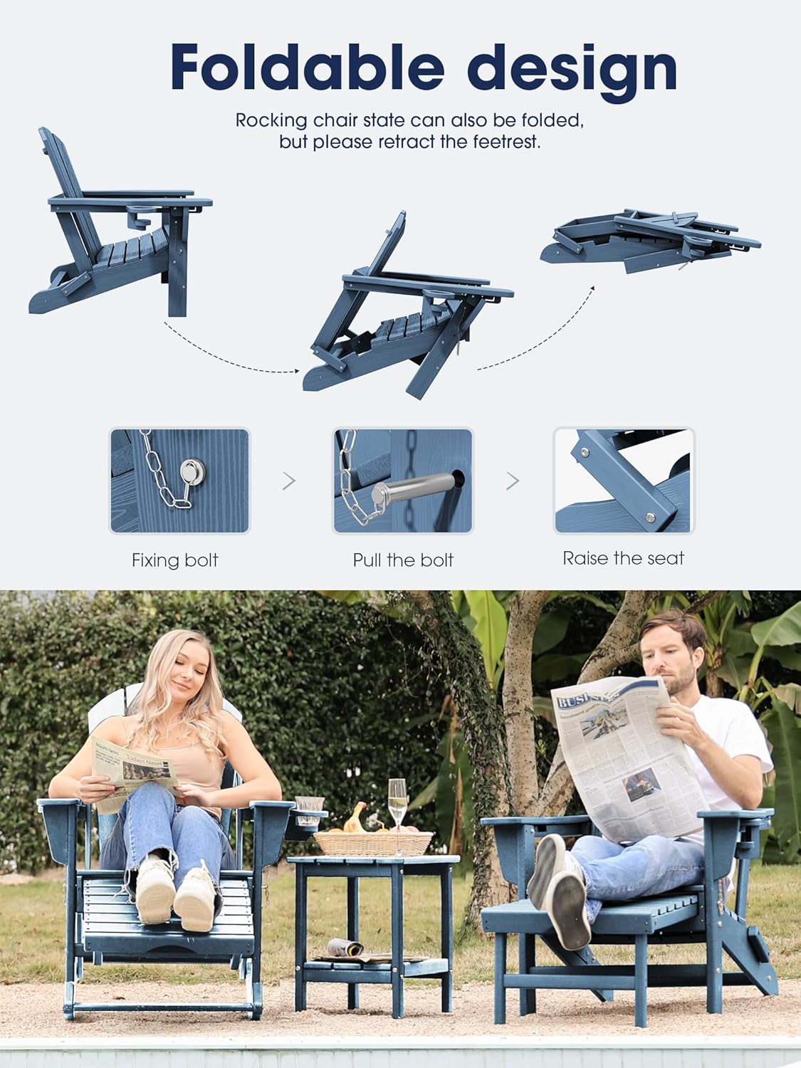 KINGYES Adirondack Rocking Chair with Retractable Ottoman and Cup Holders, HDPE Adirondack Rocker Patio Rocking Chair for Porch, Patio, Balcony, Deep Blue