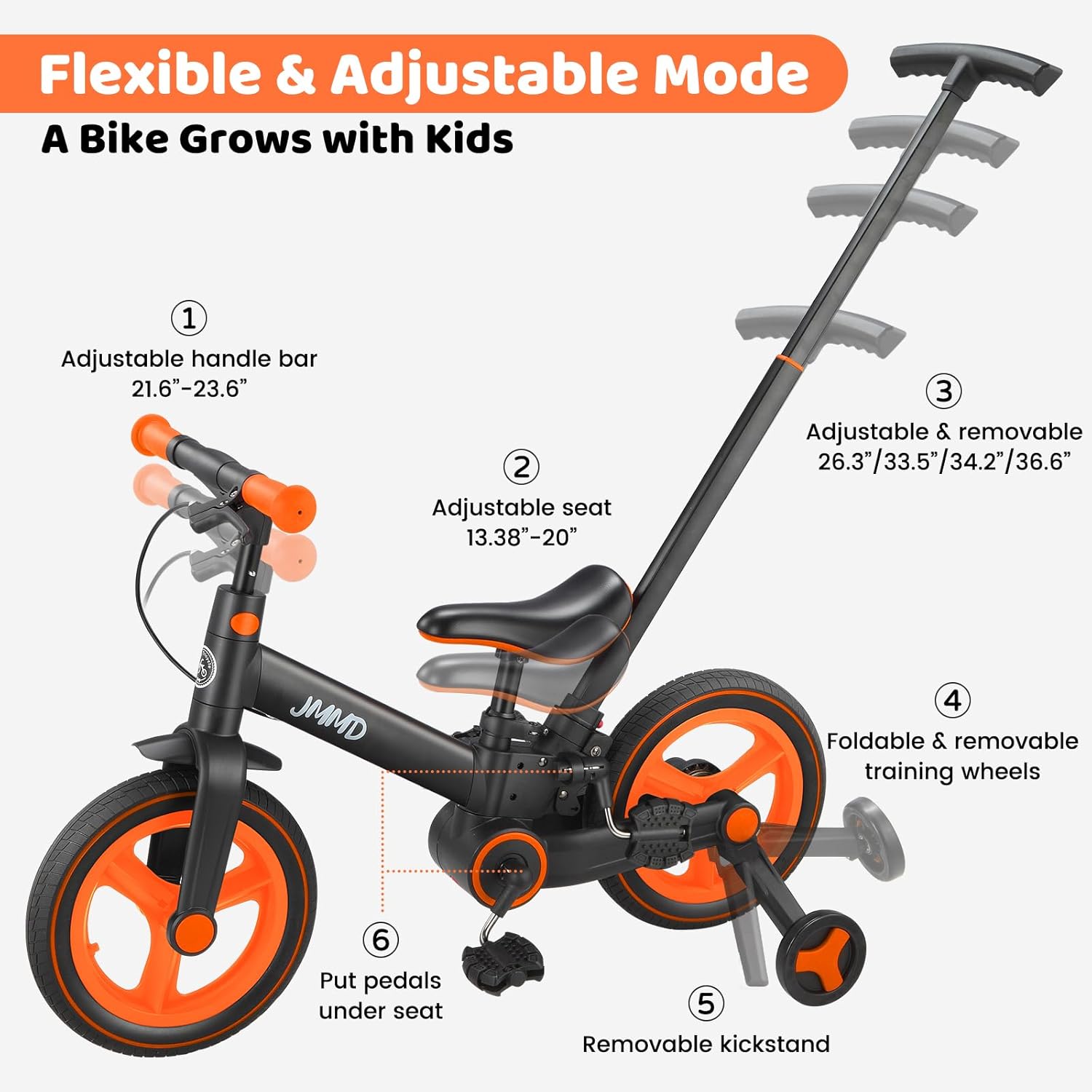 JMMD 6 in 1 Toddler Bike with Push Handle for Kids 18-60 Months, 12" Foldable Balance Bike with Training Wheels, Pedals, Brakes, Kickstand, Push Tricycle Toddler Gift & Toys for Boy & Girl