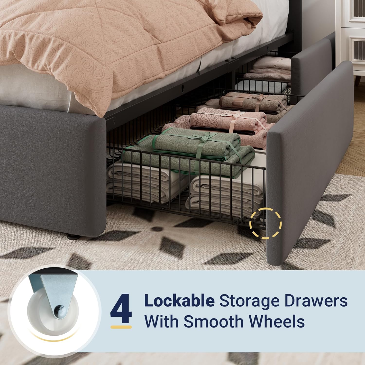 Allewie Queen Size Storage Bed Frame, Vertical Channel Tufted Adjustable Headboard, Velvet Upholstered Platform Bed with 4 Oversized Underbed Drawers, Wooden Slats Support, No Box Spring Needed, Grey