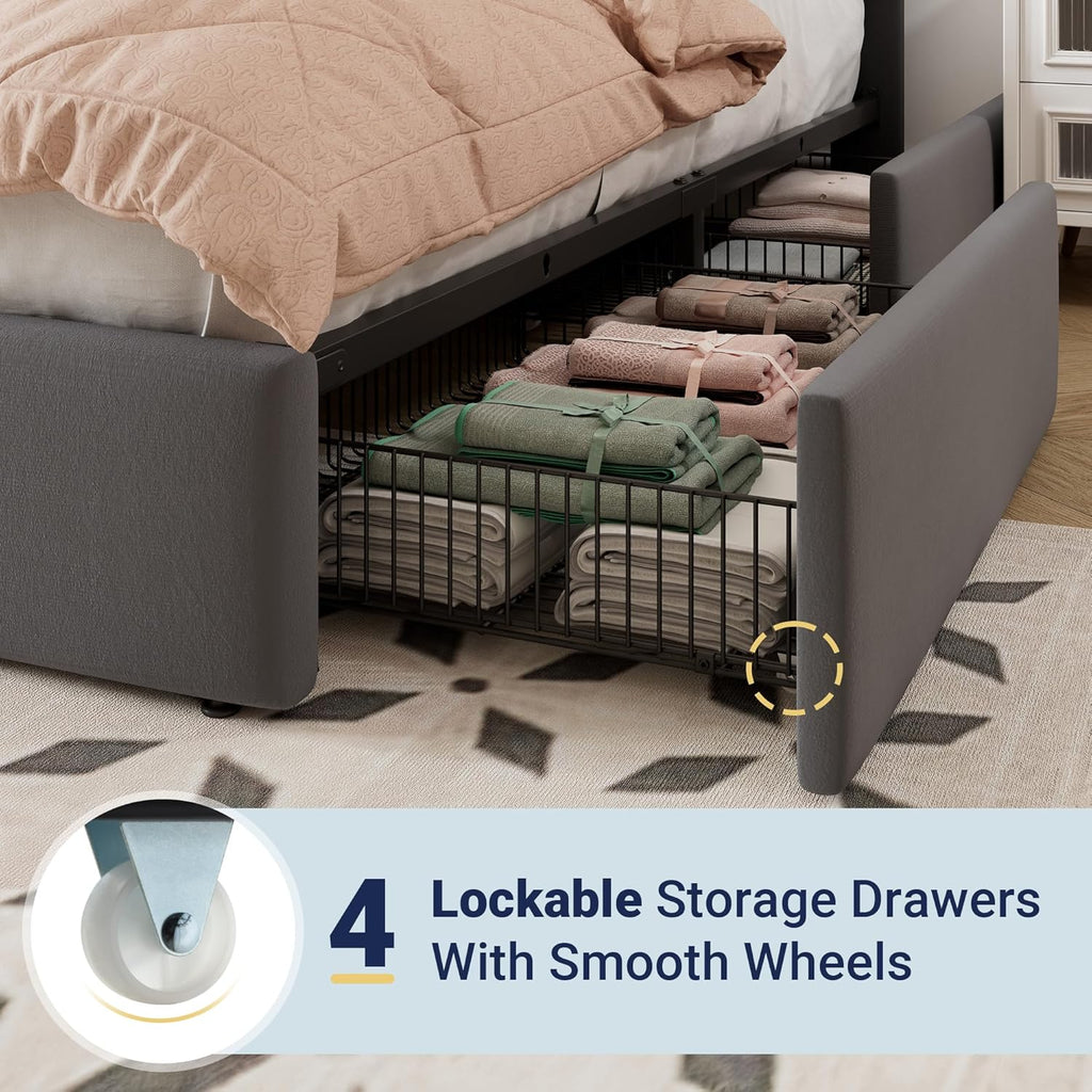 Allewie Queen Size Storage Bed Frame, Vertical Channel Tufted Adjustable Headboard, Velvet Upholstered Platform Bed with 4 Oversized Underbed Drawers, Wooden Slats Support, No Box Spring Needed, Grey