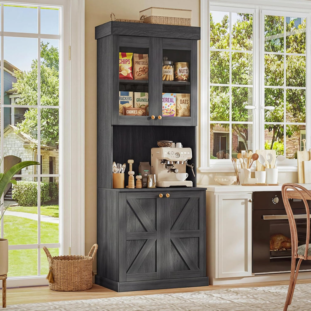 Vyre 71" Farmhouse Kitchen Pantry Cabinet Set of 3, Black Freestanding Coffee Bar Hutch with Glass Doors & Adjustable Shelves, Large Storage Cabinet with Microwave Stand for Living Room & Kitchen