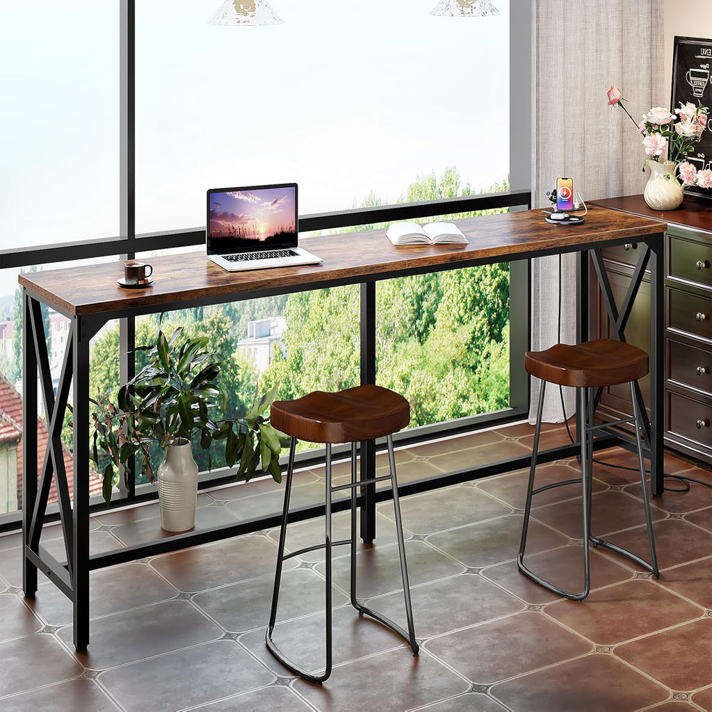 CHOEZON 70.9'' Bar Table, Kitchen Dining Table with Power Outlet and Footrest, Industrial Style, for Pub, Living Room, Rustic Brown and Black TBT08UBF