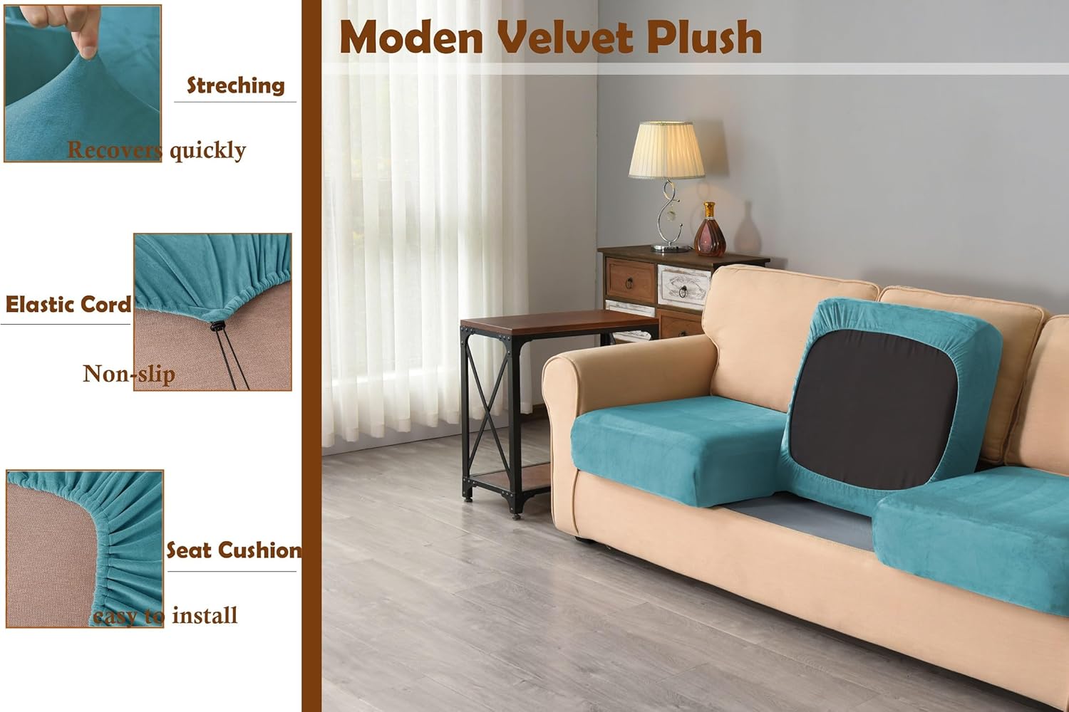 7 Pieces Velvet High Stretch Sofa Covers for 3 Cushion Couch Sofa Slipcovers, Washable Furniture Protector with Drawstring Anti Slip Bottom, Soft and Plush Fabric for Kids and Pet (Blue)
