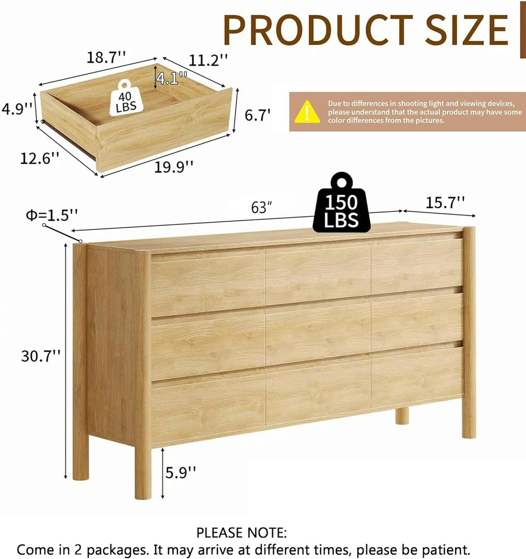 CHUWELL Oak Dresser for Bedroom, 63" Wide Mid Century Modern Chest of Drawers with 9 Large Storage Space and 4 Solid Wood Cylindrical Legs, 9 Drawer Large Dresser for Bedroom