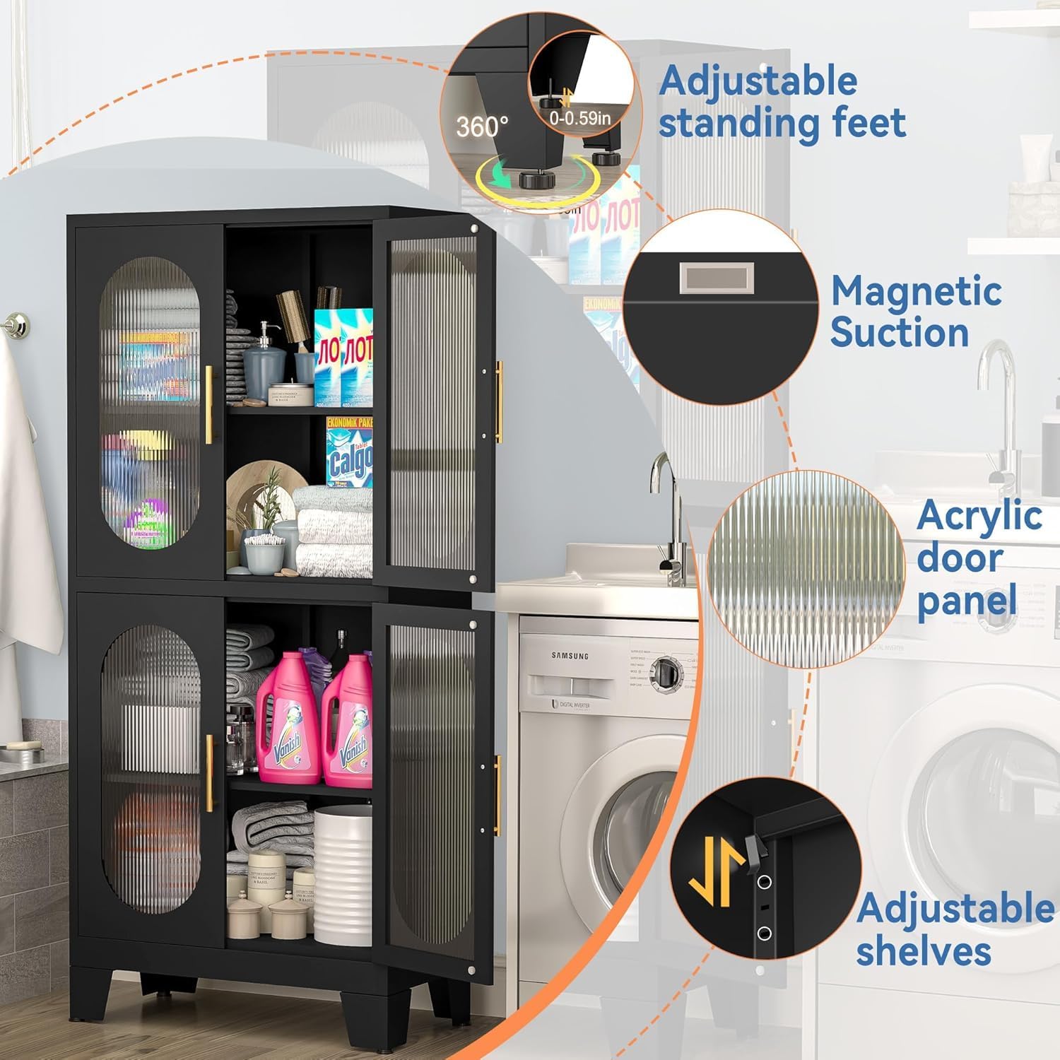 GAIOUS Black Kitchen Pantry Cabinet, Pantry Storage Cabinet with Acrylic Glass Doors and Adjustable Shelves, Tall Versatile Storage for Kitchen, Dining Room, Home Office and Bedroom