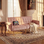 TYBOATLE 65" W Velvet Modern Convertible Folding Futon Couch Sofa Bed w/ 2 USB Charging Ports and arms, Loveseat for Compact Living Space, Dorm, Game Studio, Bonus Room, Apartment, Bedroom (Pink)