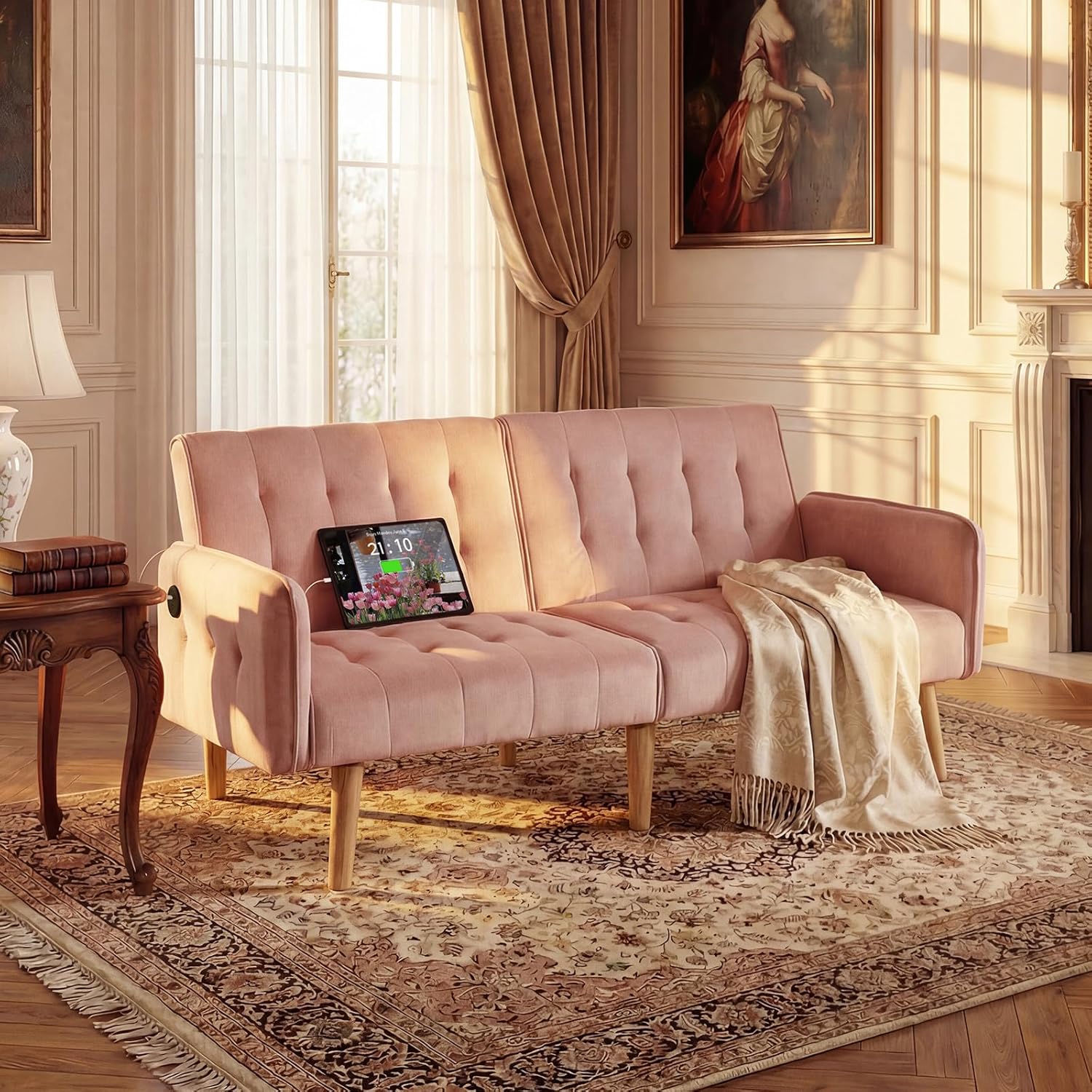 TYBOATLE 65" W Velvet Modern Convertible Folding Futon Couch Sofa Bed w/ 2 USB Charging Ports and arms, Loveseat for Compact Living Space, Dorm, Game Studio, Bonus Room, Apartment, Bedroom (Pink)