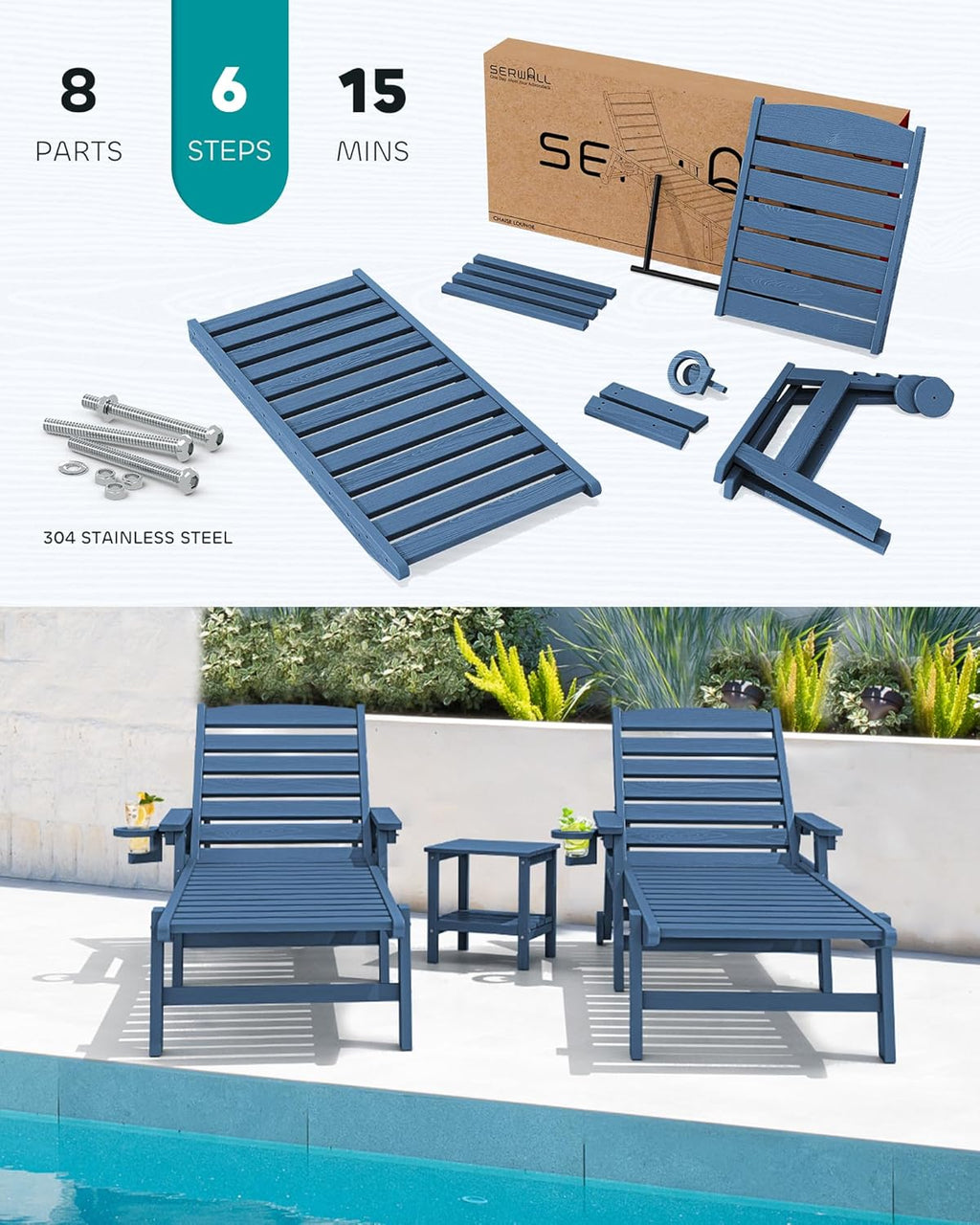 SERWALL Patio Chaise Lounge Chair Set of 2  78'' Long 5-Positions Adjustable HDPE Outdoor Lounger for Pool  Poly Lounge Chair with Rolling Wheels & Cup Holder for Poolside  Deck  Blue