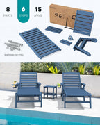 SERWALL Patio Chaise Lounge Chair Set of 2  78'' Long 5-Positions Adjustable HDPE Outdoor Lounger for Pool  Poly Lounge Chair with Rolling Wheels & Cup Holder for Poolside  Deck  Blue