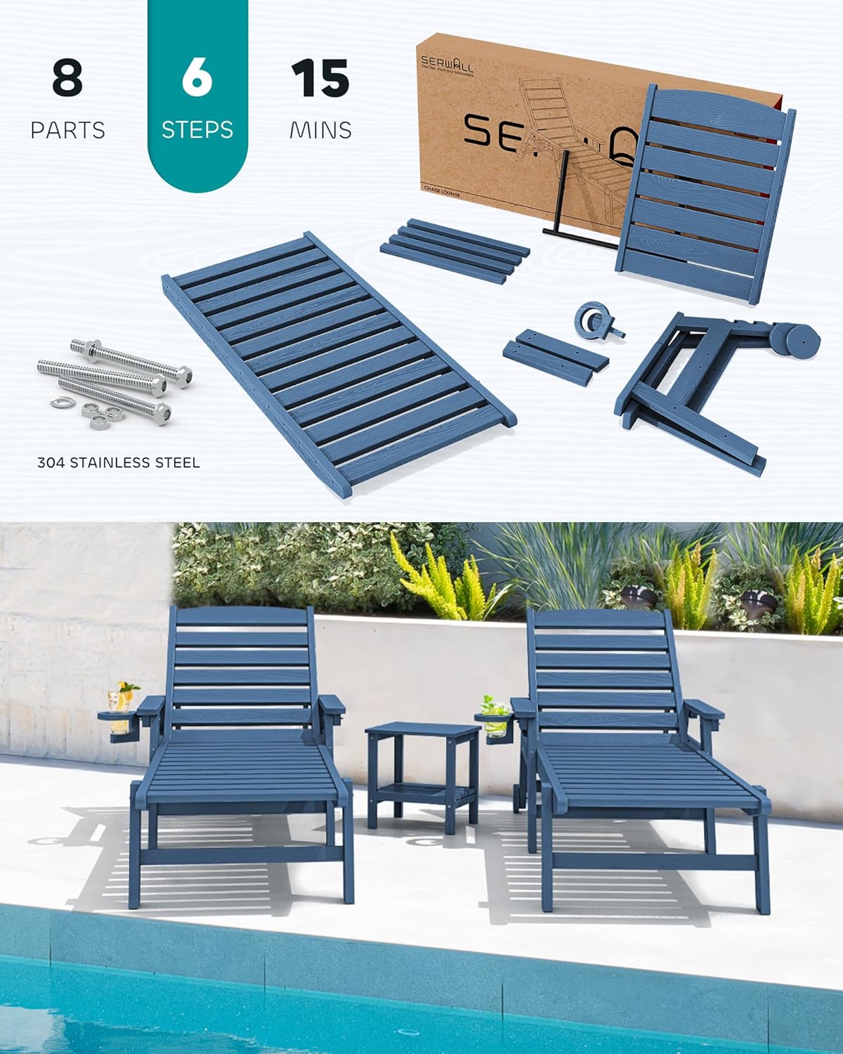 SERWALL Patio Chaise Lounge Chair Set of 2  78'' Long 5-Positions Adjustable HDPE Outdoor Lounger for Pool  Poly Lounge Chair with Rolling Wheels & Cup Holder for Poolside  Deck  Blue