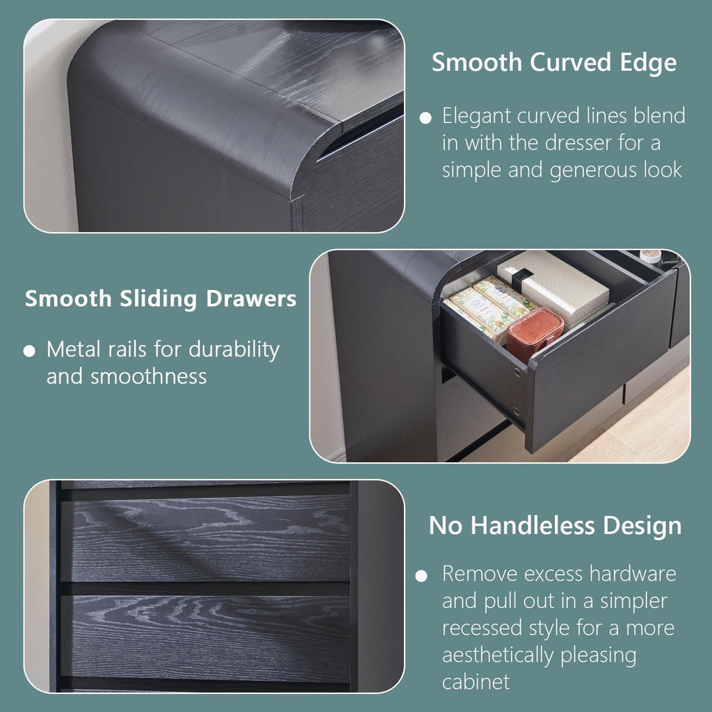 Modern 7 Drawers Dresser for Bedroom, 47" Wide Wood Dressers & Chests of Drawers w/Curved Profile Design, Mid Century Modern Dresser w/Natural Texture for Bedroom, Living Room, Black