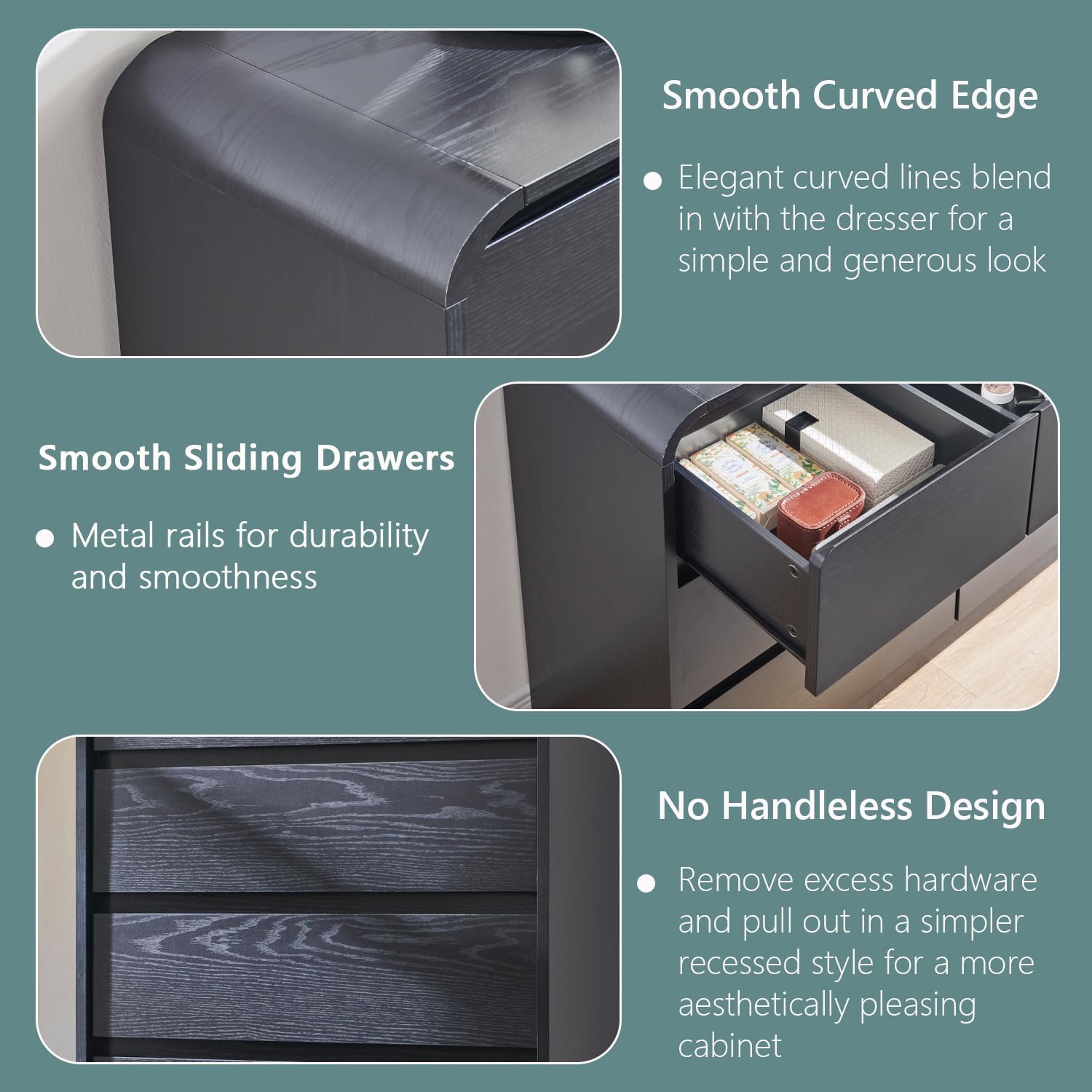 Modern 7 Drawers Dresser for Bedroom, 47" Wide Wood Dressers & Chests of Drawers w/Curved Profile Design, Mid Century Modern Dresser w/Natural Texture for Bedroom, Living Room, Black
