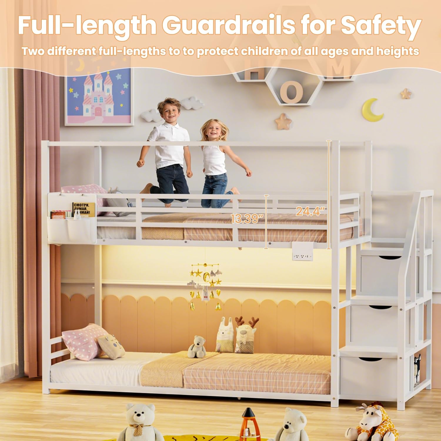 Low Bunk Bed Twin Over Twin with Storage Staircase, RGB LED Lights, Drawers & Shelves, Metal Bunk Beds for Kids with Power Outlet, Double Full-Length Guardrails & Metal Slats for Small Space, White