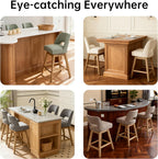 VKNOW 27" Swivel Bar Stools Set of 2, Upholstered Counter Height Bar Stools with Backrest and Rubberwood Legs, Fabric Barstools for Kitchen Island, Breakfast Bar, Living Room, Dining Room, Brown