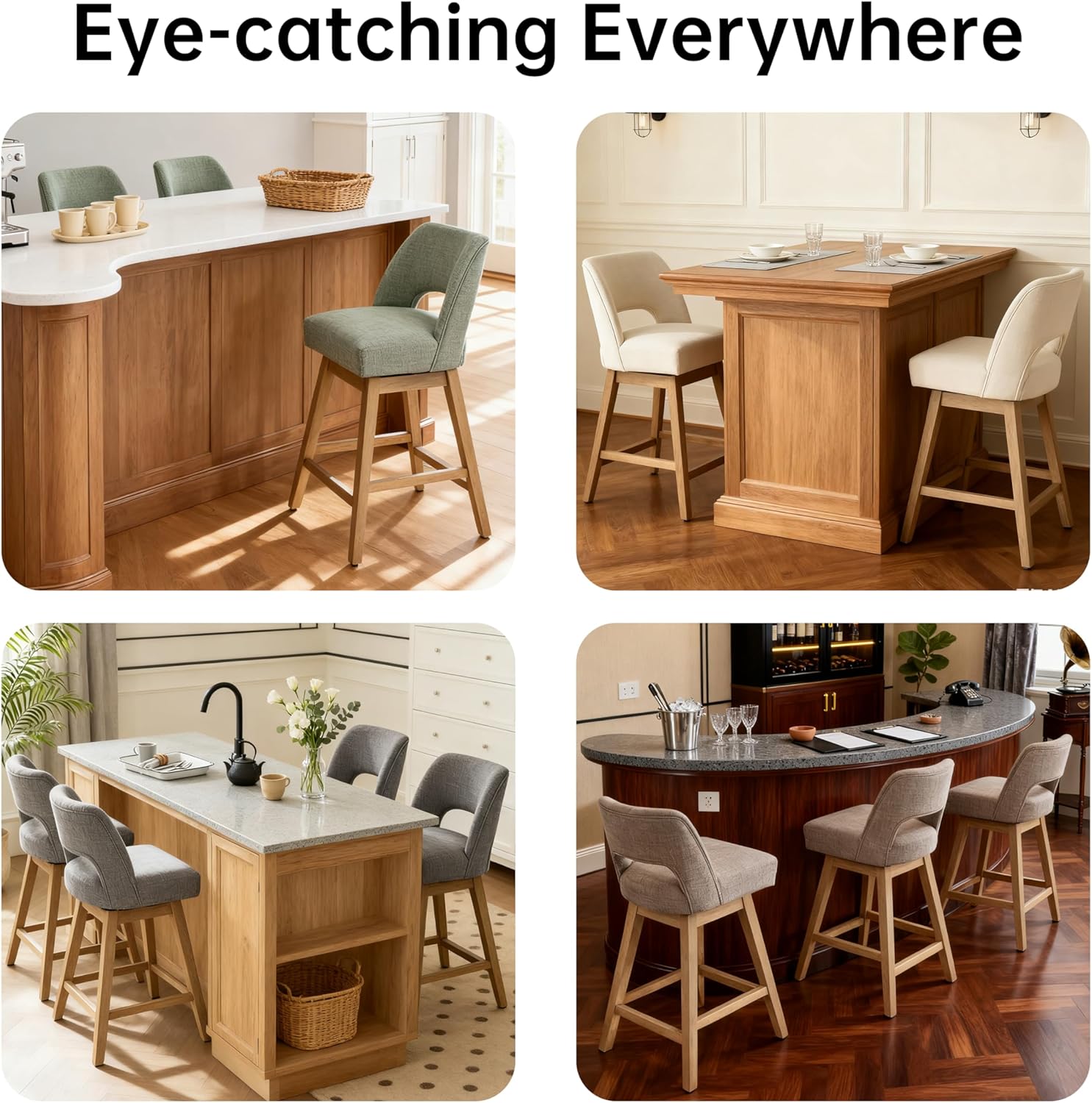 VKNOW 27" Swivel Bar Stools Set of 2, Upholstered Counter Height Bar Stools with Backrest and Rubberwood Legs, Fabric Barstools for Kitchen Island, Breakfast Bar, Living Room, Dining Room, Brown