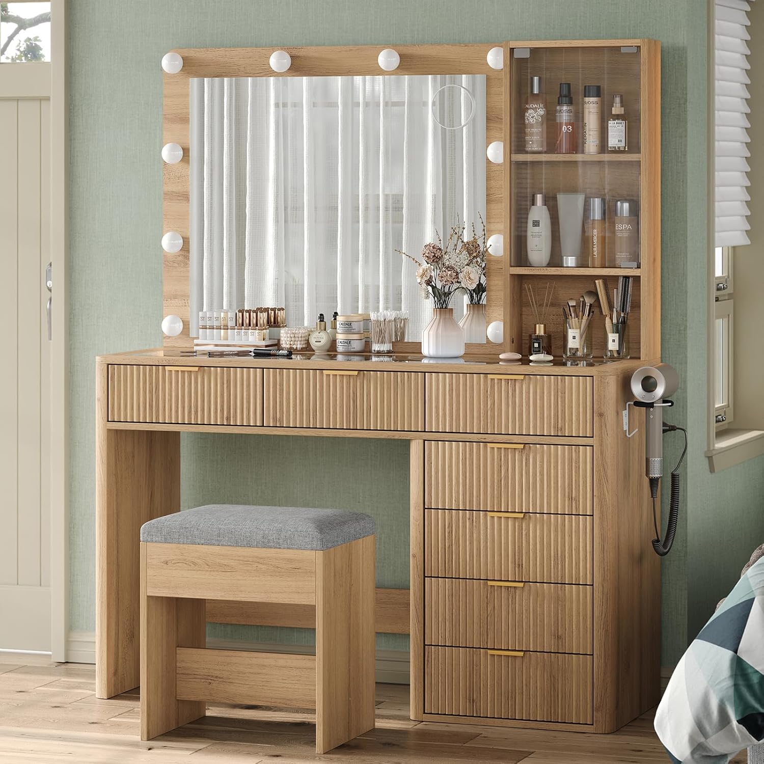 47" Fluted Vanity Desk with Mirror & LED Lights, 7-Drawer Makeup Vanity with Glass Top & Cabinet, Vanity with Chair & Charging Station, 3 Lighting Modes, for Bedroom, Natural Oak