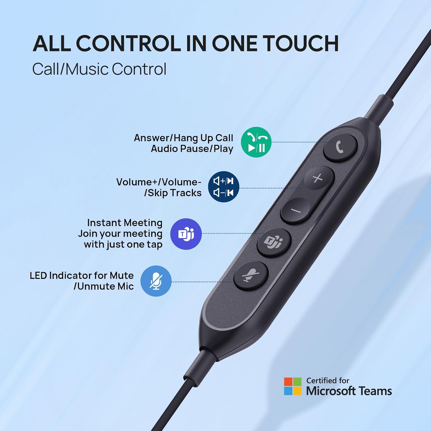 Yealink UH42 USB-C/A Mono Headset with Mic for PC Computer, Wired Headphones Teams Certified, Noise Cancelling Microphone, in-Line Controls, All Day Comfort