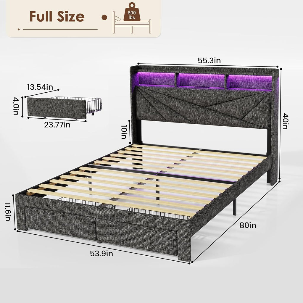 LED Full Size Bed Frame with 2 Storage Drawers, Upholstered Full Bed Frame with Headboard and Charging Station, No Box Spring Needed, Easy to Assembly-Dark Grey