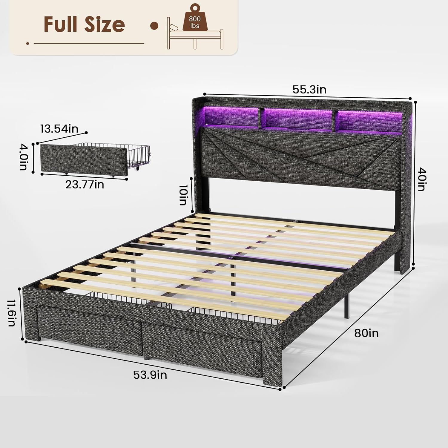 Full Size Bed Frame with 2-Tier Storage Headboard, Upholstered Full Bed Frame with 2 Drawers, Charging Station and LED Lights, No Box Spring Needed, Easy Assembly - Dark Grey