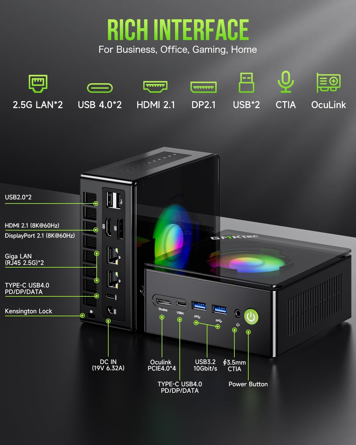 GMKtec Gaming PC  K11 AMD Ryzen 9 8945HS(8C/16T  Up to 5.2GHz)  32GB DDR5 RAM 1TB Mini PC Desktop Computer  Oculink  Dual NIC 2.5GbE LAN  HDMI/DisplayPort/USB4*2