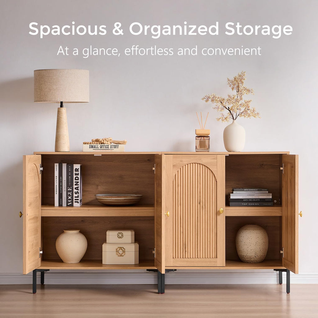 Modern TV Stands for 80 inch tvs, 92.63" W Wood Entertainment Center w/Adjustable Shelves, Mid Century Modern TV Stand w/Arched Fluted Doors, Media Console Cabinet for Living Room, Natural