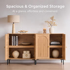 Modern TV Stands for 80 inch tvs, 92.63" W Wood Entertainment Center w/Adjustable Shelves, Mid Century Modern TV Stand w/Arched Fluted Doors, Media Console Cabinet for Living Room, Natural