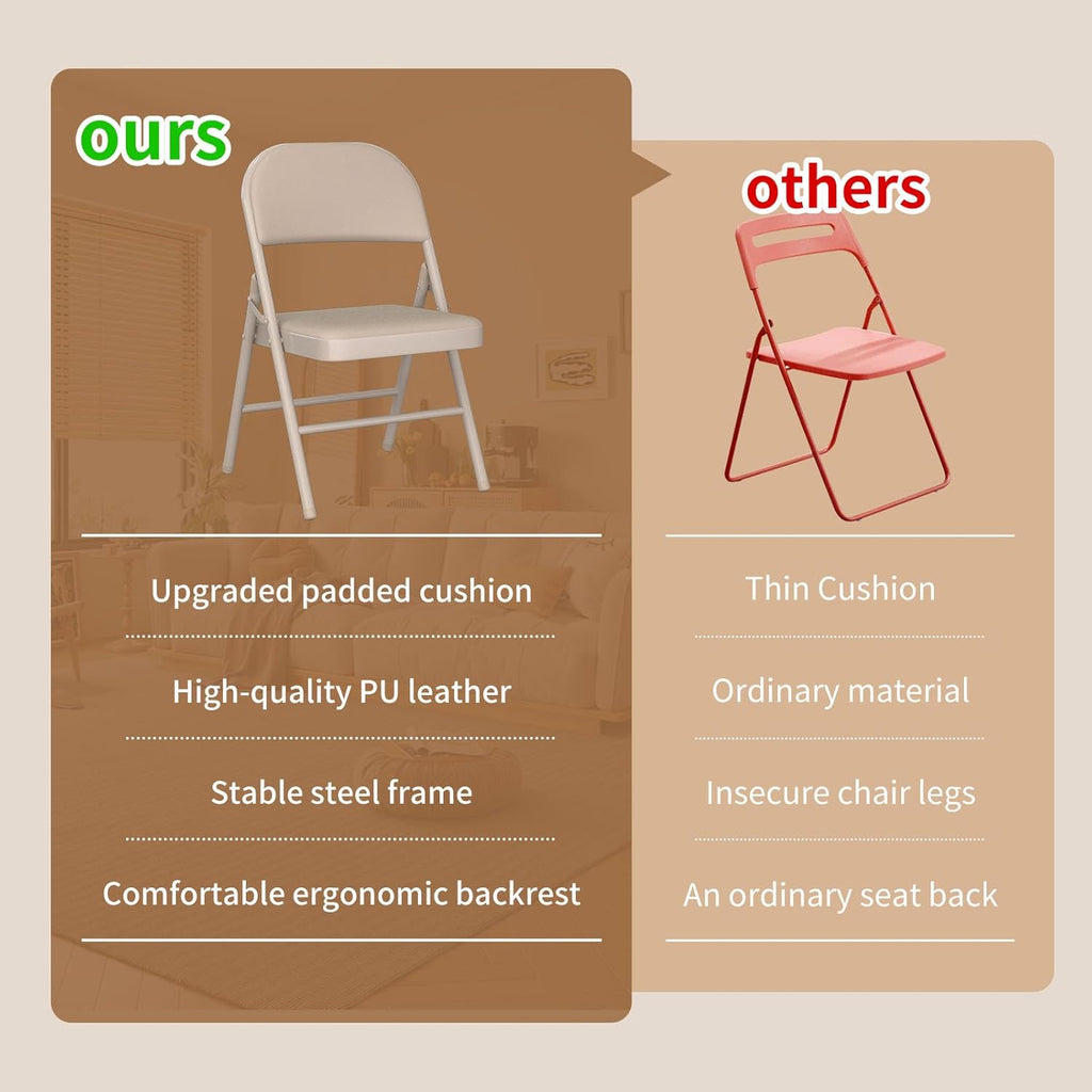YLGJ&TIDY Set of 4 Folding Chairs with Padded Cushion and Steel Legs Portable Foldable Chairs Metal Folding Chair for Outside Indoor Dining Room Office Party, No Assembly, Beige