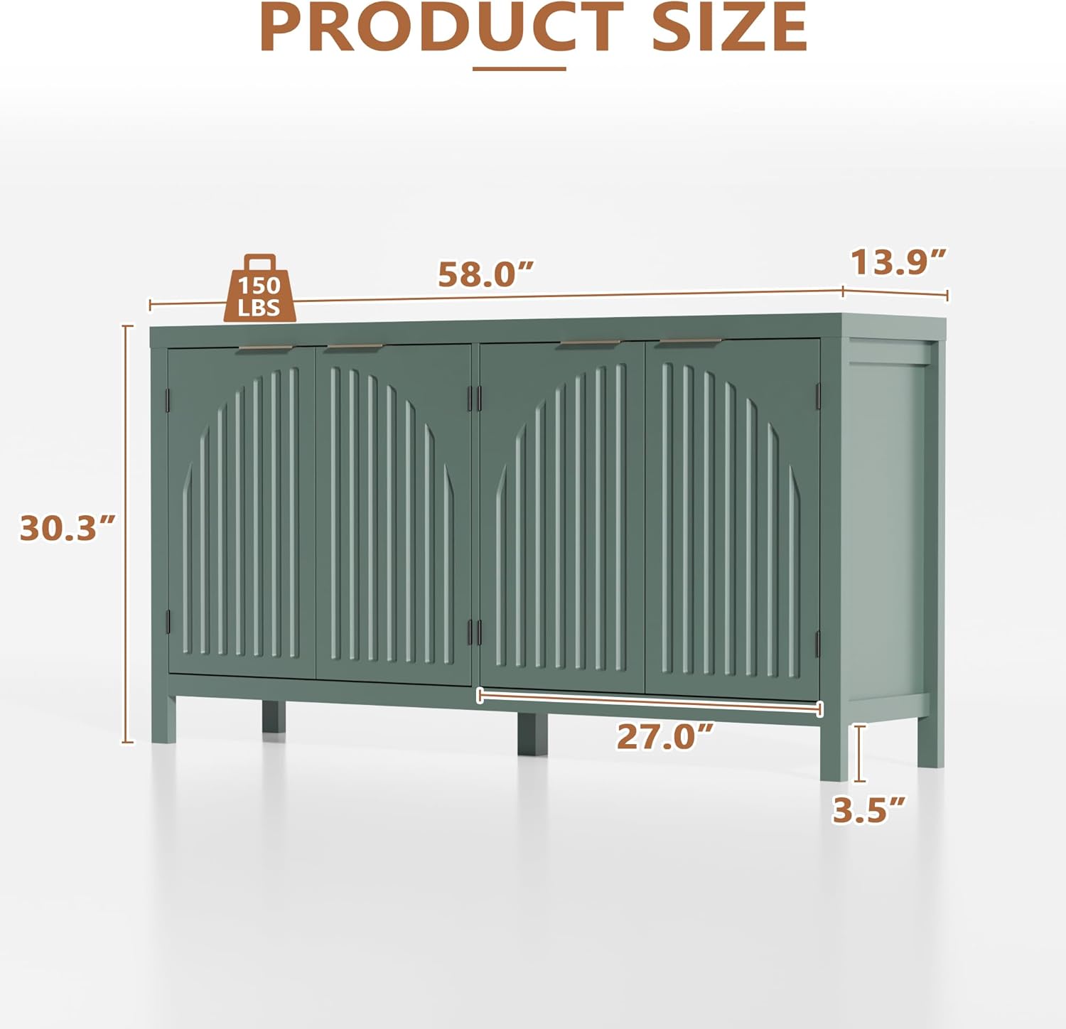 Fluted Sideboard Buffet Cabinet with Storage, 58" Mid Century Modern Accent Cabinet with Arch Doors, Large Wood Media TV Console Table Credenza for Dining Room, Kitchen, Living Room Entryway, Green