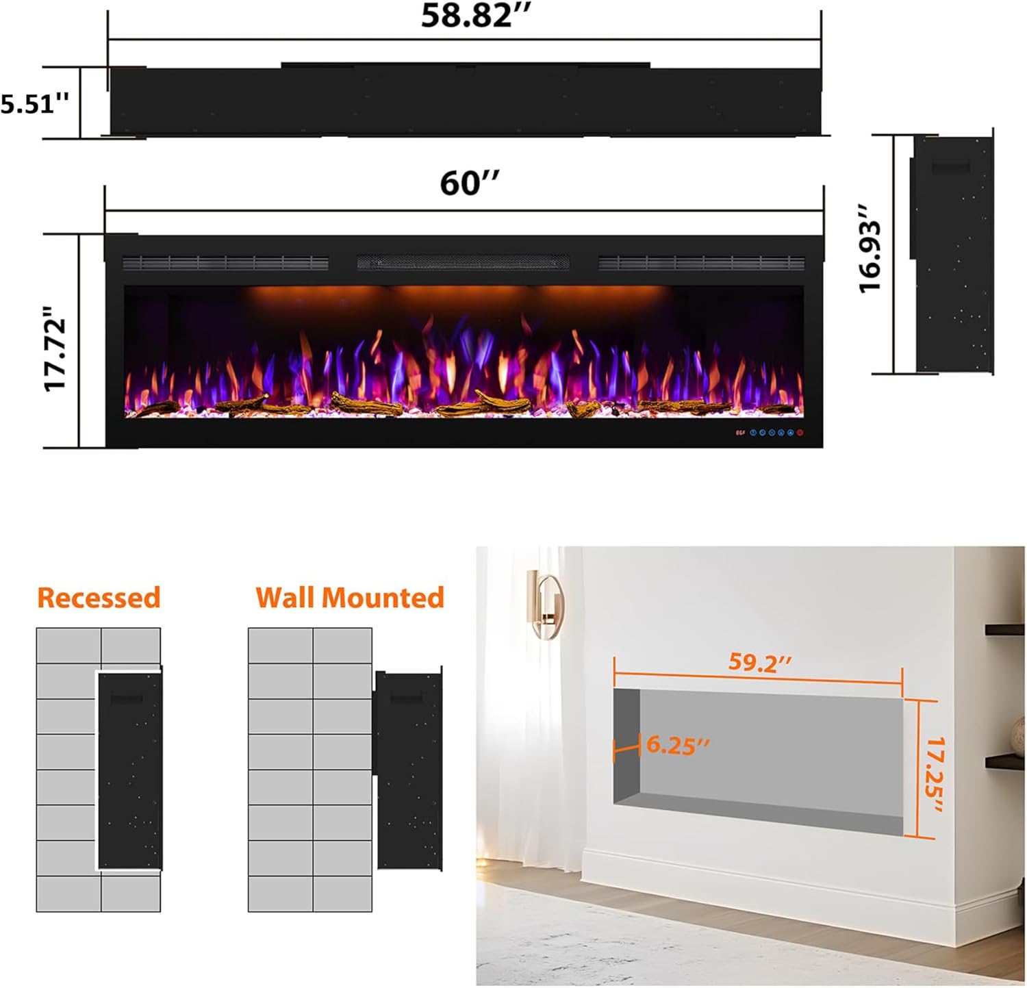 60 Inch Slim Electric Fireplace, Recessed in‑Wall or Wall Mounted, Ultra‑Narrow Frame, Realistic LED Flames with 3 Flame Colors & 3 Top Light Colors, Remote Control, Timer