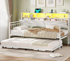 VIAGDO Day Bed with Trundle Bed Twin, Wood Day Bed with Hidden Storage Headboard, Farmhouse Daybed with Charging Station and LED Lights, Twin to King Daybed for Living Room, Guest Room, White
