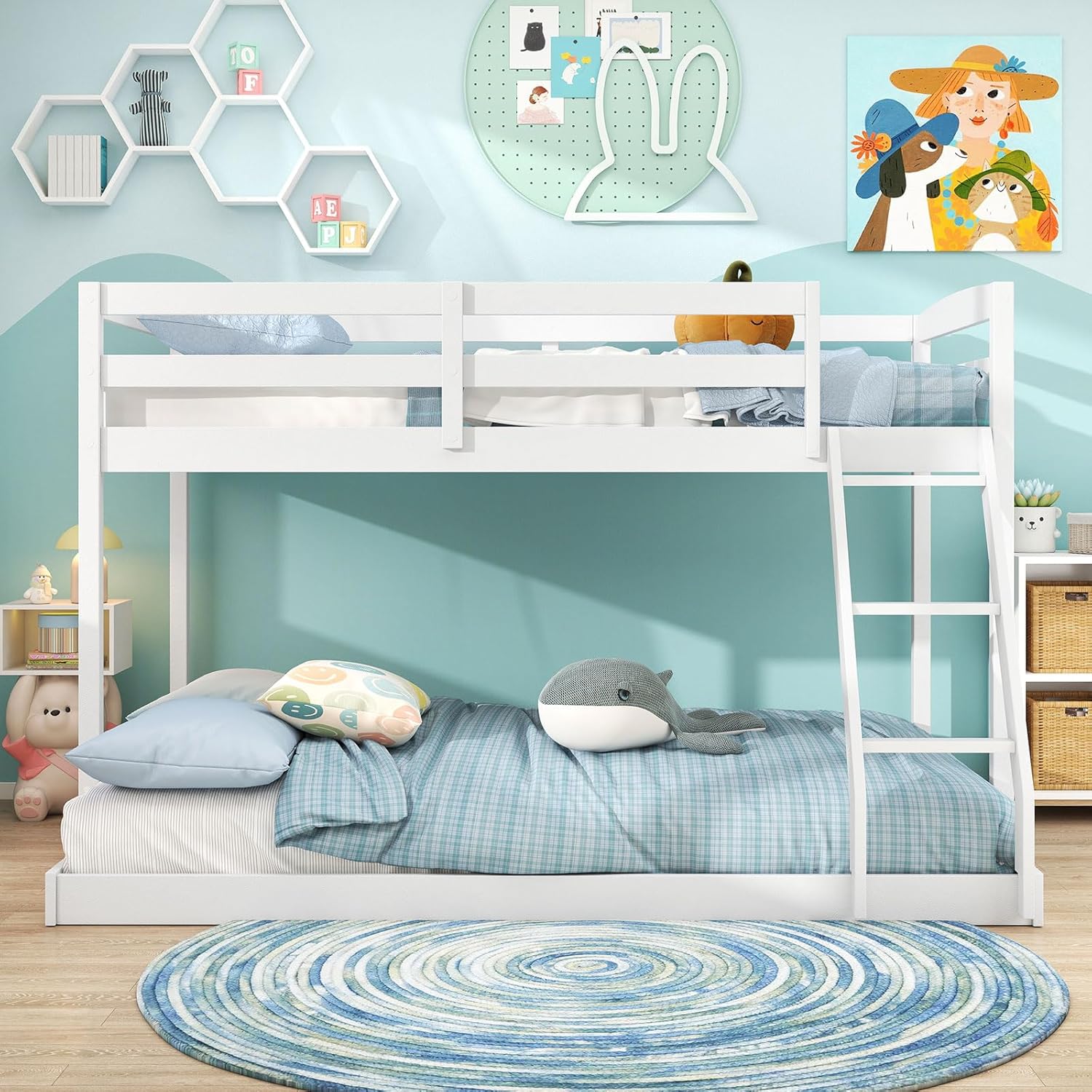 Giantex Twin Over Full Bunk Bed, Solid Wood Kids Bunk Bed with Full-Length Guardrails & Ladder, Low Bunk Beds with Slats Support for Kids, Teens, No Box Spring Needed, White