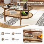 Giantex Rattan Coffee Table, 2-Tier Oval Acacia Wood Tea Table w/Tempered Glass Tabletop & PE Rattan Storage Shelf, Boho Cocktail Tables, Mid Century Modern Center Table for Living Room Office, Brown