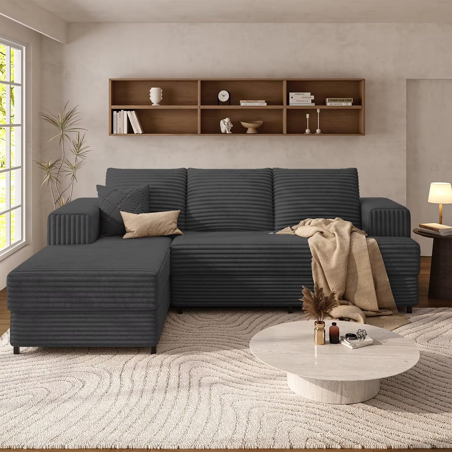 106" Cloud Sectional Sofa with Chaise Lounge, Modular L Shaped Couch with Iron Frame, Modern Fluffy Corduroy Couches for Living Room, Bedroom, Office, Left Facing Chaise, Gray
