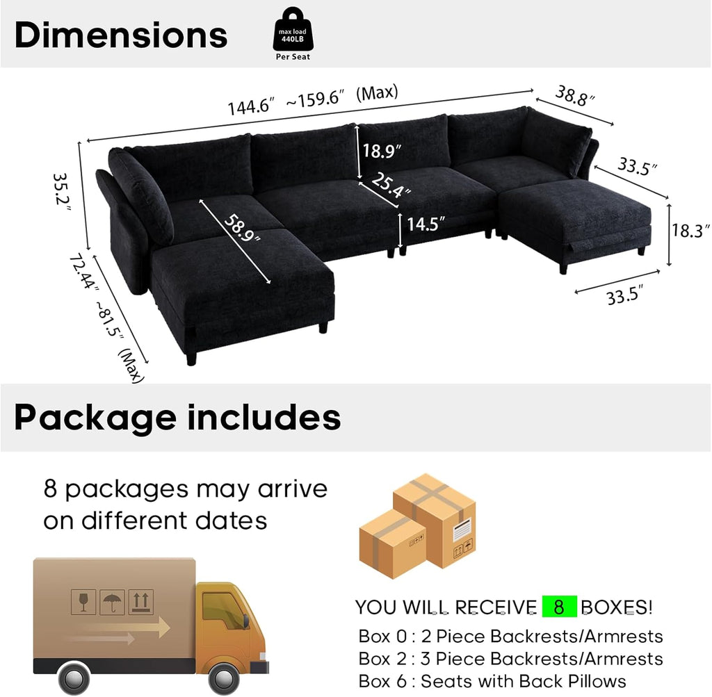159" Oversized Cloud Couch Sectional with Storage, Extra Wide Deep Modular Sectional Sofa for Living Room with Adjustable Arms, High Back, U Shaped, 6 Seater, Dark Grey Chenille | Extra Large Seat, Thick Plush Cushion, FSC Certified Fabric