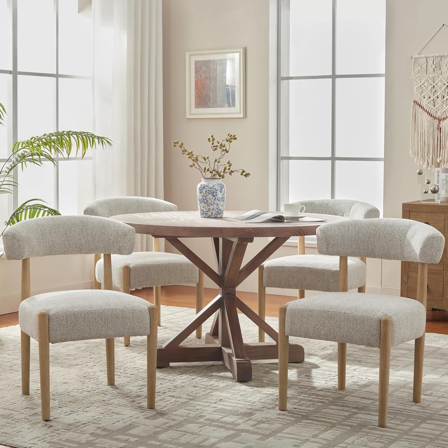 VKNOW Wooden Dining Chairs Set of 4, Modern Upholstered Dining Room Chairs with Rubberwood Legs and Curved Backrest, Fabric Kitchen Chairs for Farmhouse/Living Room/Dining Room, Heathered Off-White