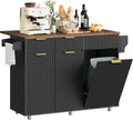 Mobile Kitchen Island with Folding Drop Leaf Countertop, Rolling Kitchen Island Cart with Trash Can Storage, Drawers, Adjustable Shelf, Spice Rack, for Dining Room, Black and Walnut MZD08BL