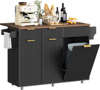 Mobile Kitchen Island with Folding Drop Leaf Countertop, Rolling Kitchen Island Cart with Trash Can Storage, Drawers, Adjustable Shelf, Spice Rack, for Dining Room, Black and Walnut MZD08BL