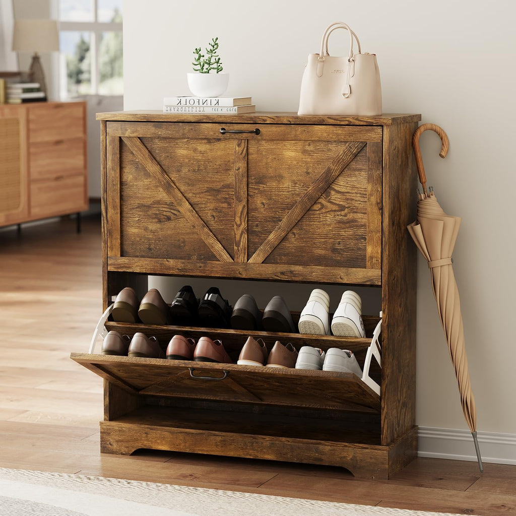 Smart FENDEE Shoe Cabinet, Shoe Storage Cabinet for Entryway with 2 Flip Drawers, Narrow Farmhouse Shoe Organizer Cabinet, Slim Shoe Rack Cabinet, 31.5 in Rustic Brown