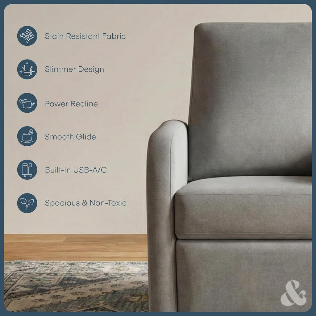 Nurture& The Porto Power Glider Recliner for Nursery | Modern Glider Chair with Power Recline | Built - in USB Charging Port | Space-Saving Design for Small Nurseries and Shared Spaces, Grey