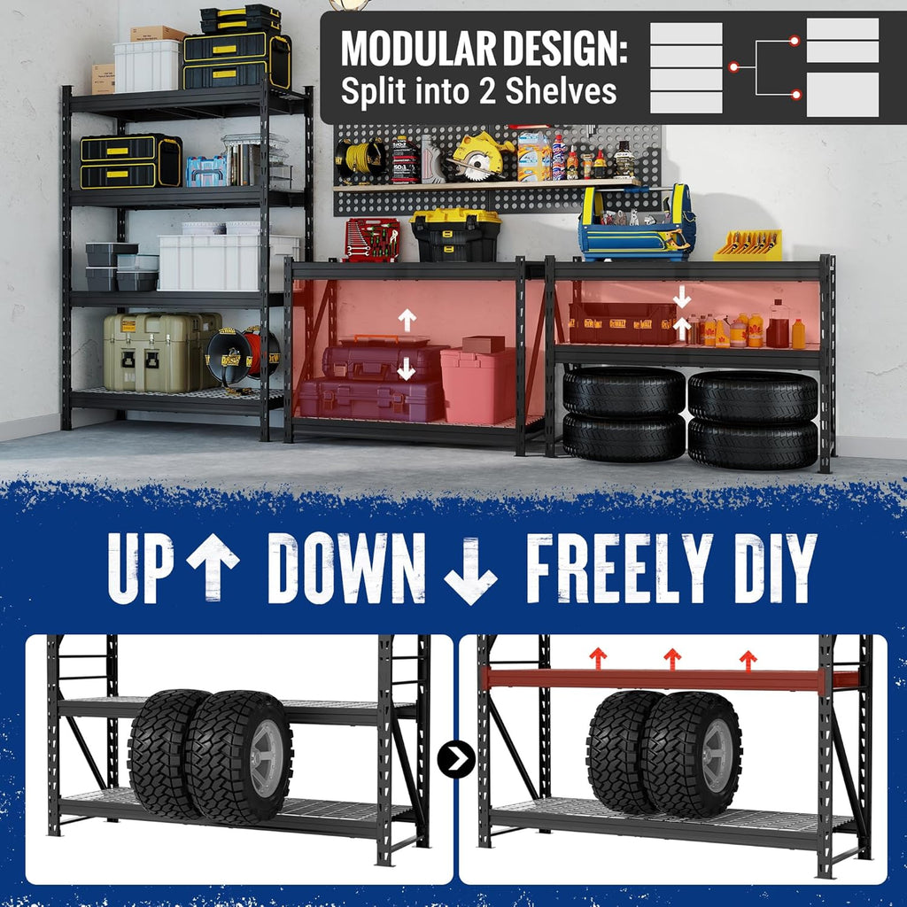 WORKPRO 77" Extra-Width Garage Shelving Units, 6400LBS Heavy Duty Utility Shelves, 4 Tier Industrial Adjustable Metal Storage Rack for Warehouse Shop Basement Organizers, 77”W x 24”D x 72”H