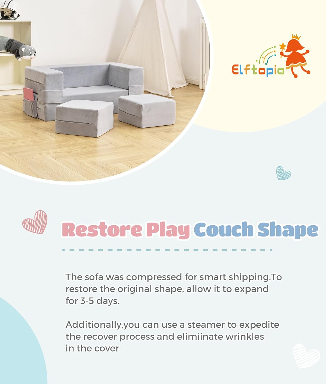 Elftopia Modular Kids Sofa,Toddler Couch Foam Armchair for Kids, Children Convertible Plush Sofa Play Set,Fold Out SofaBed(Grey)
