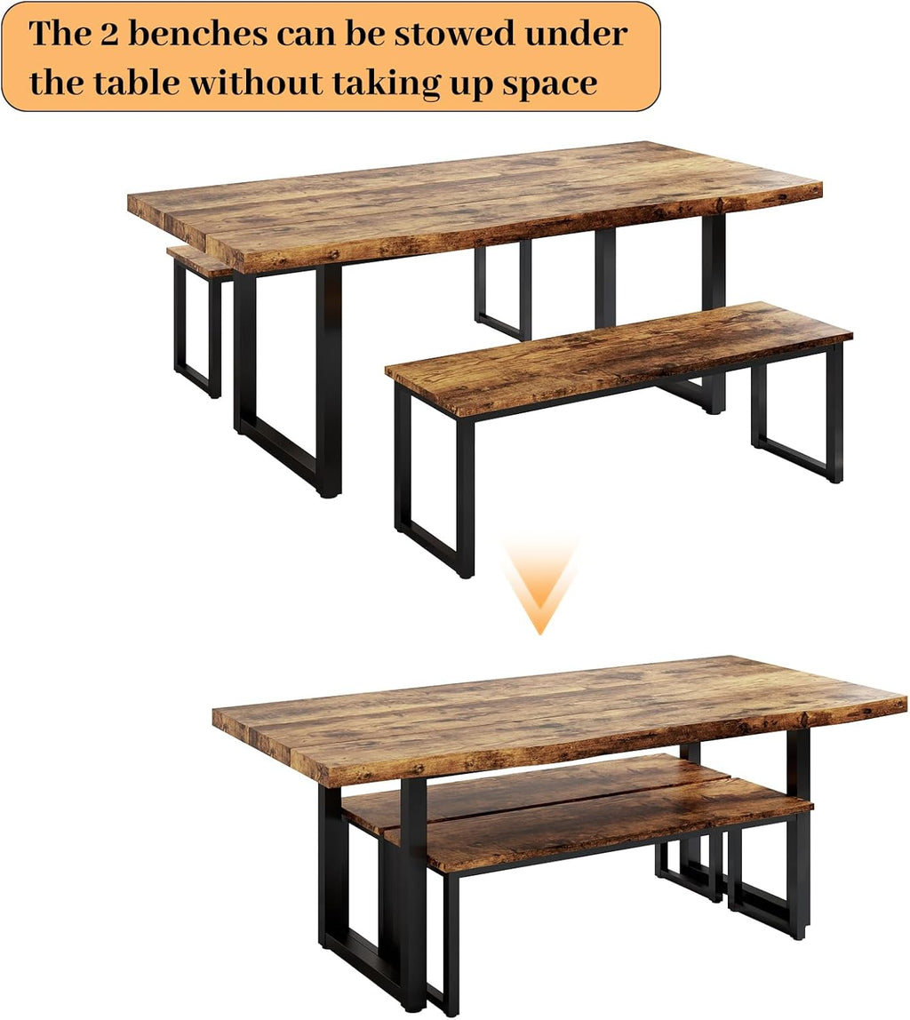 63" Dining Table with 2 Benches, Modern Kitchen Table and Chairs Set for 4 to 6 Persons, Thickened MDF Wooden Table for Dining Room, Kitchen