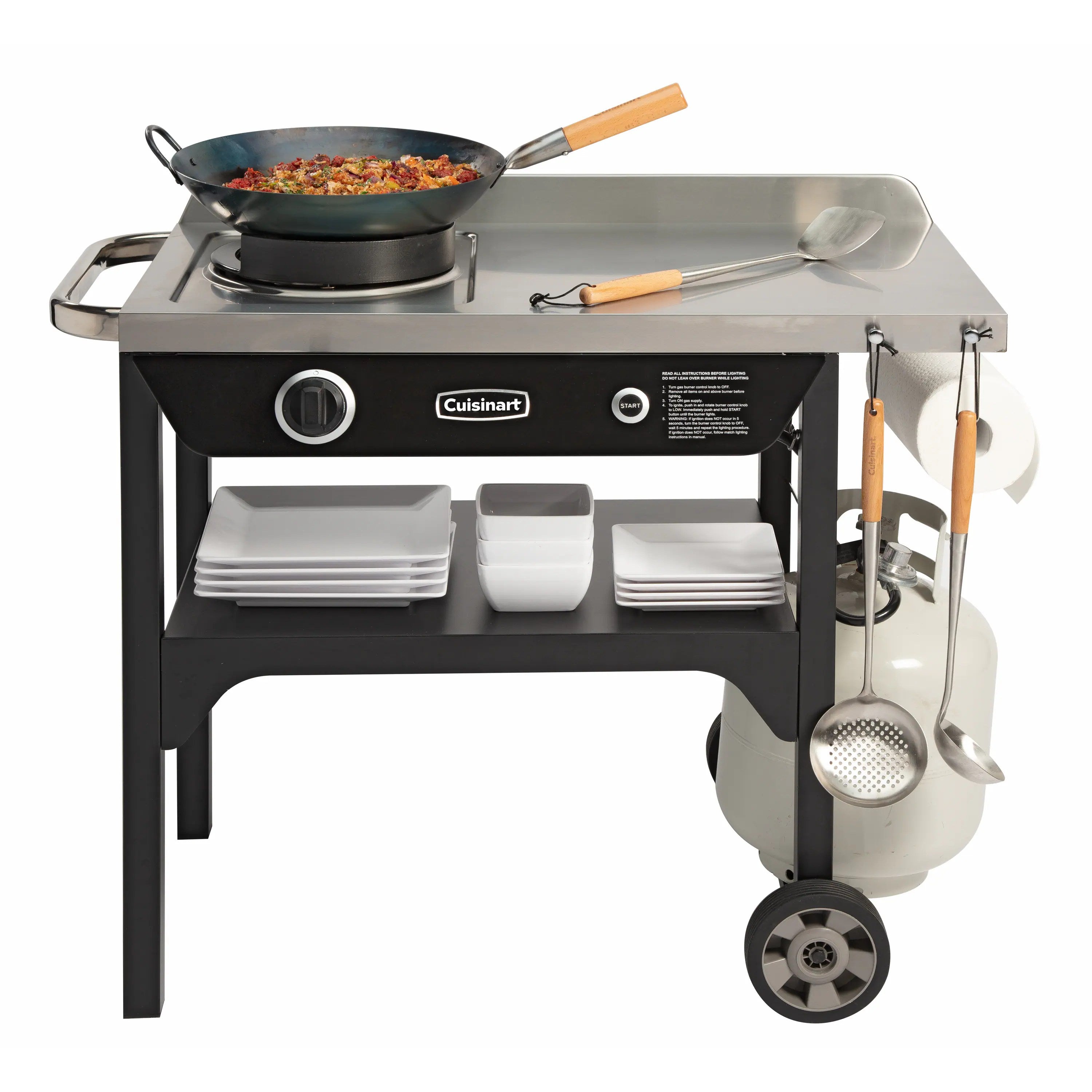 Cuisinart Outdoor Wok Station, 50,000 BTU Propane Outdoor Wok Burner w Prep Table, 14锟芥锟斤拷 Carbon Steel Wok for Stir Fry, Searing, BBQ 锟斤拷 Black